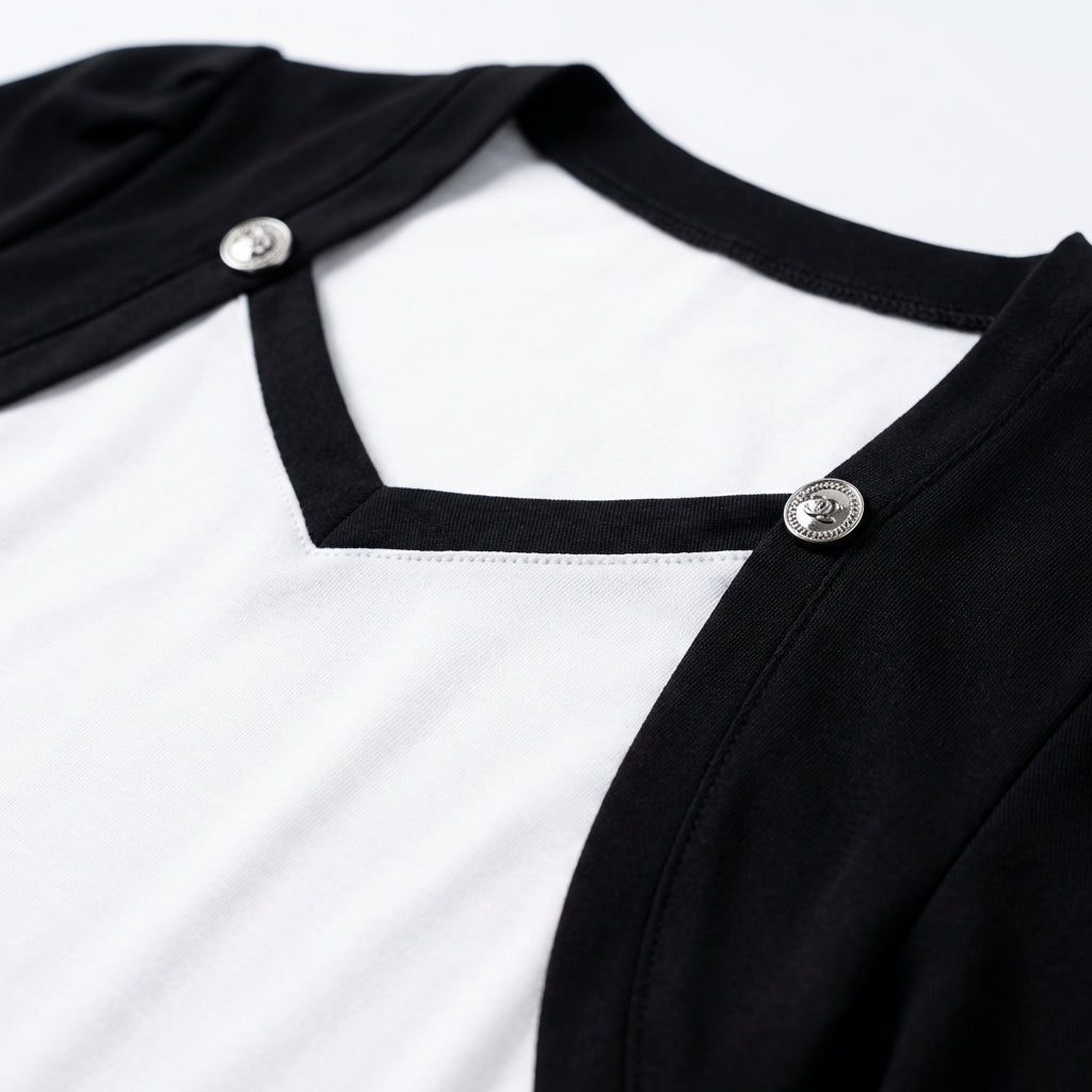 Bluzka z Krótkim Rękawem – Biało-Czarna – Damska