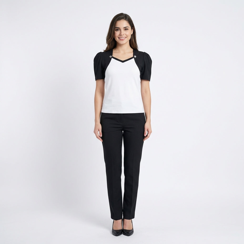 Bluzka z Krótkim Rękawem – Biało-Czarna – Damska