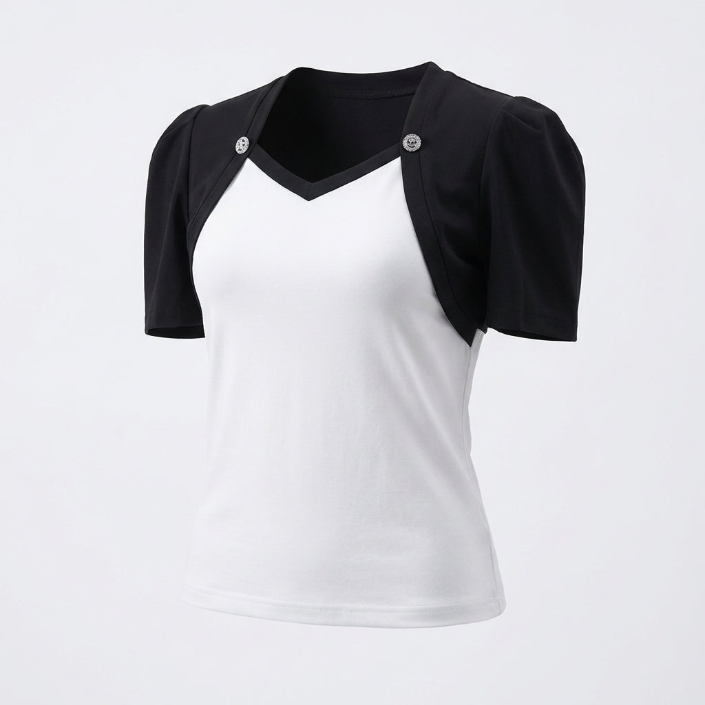 Bluzka z Krótkim Rękawem – Biało-Czarna – Damska