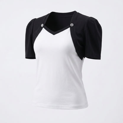 Bluzka z Krótkim Rękawem – Biało-Czarna – Damska