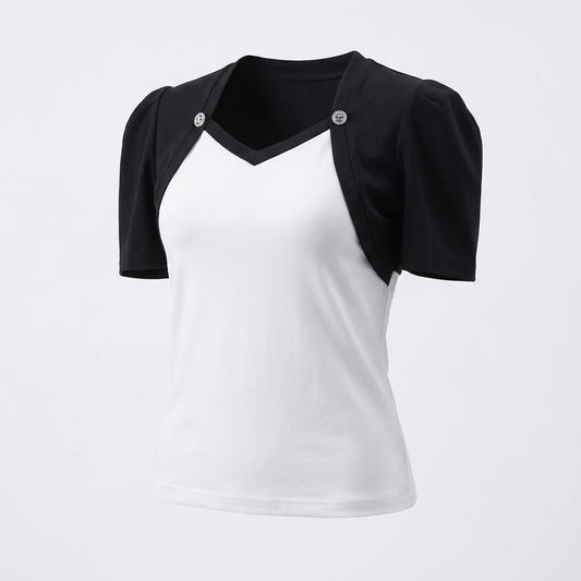 Bluzka z Krótkim Rękawem – Biało-Czarna – Damska