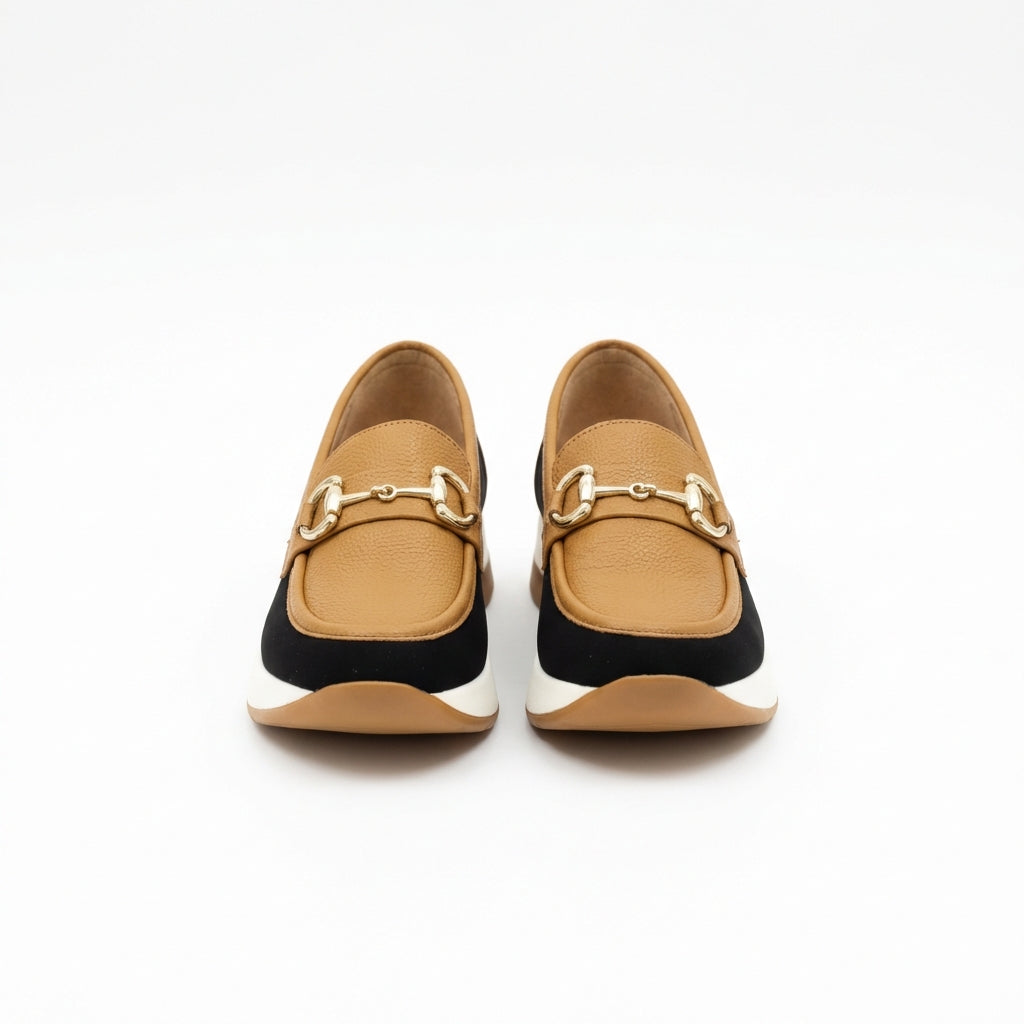 Minimalistyczne mokasyny na platformie – Camel i czarne – Premium Syntetyczne – Damskie