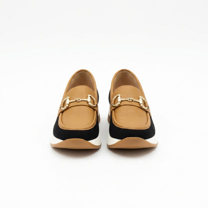 Minimalistyczne mokasyny na platformie – Camel i czarne – Premium Syntetyczne – Damskie