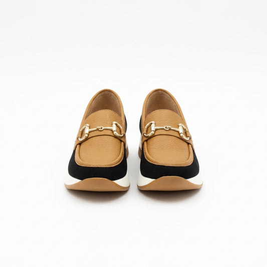 Minimalistyczne mokasyny na platformie – Camel i czarne – Premium Syntetyczne – Damskie