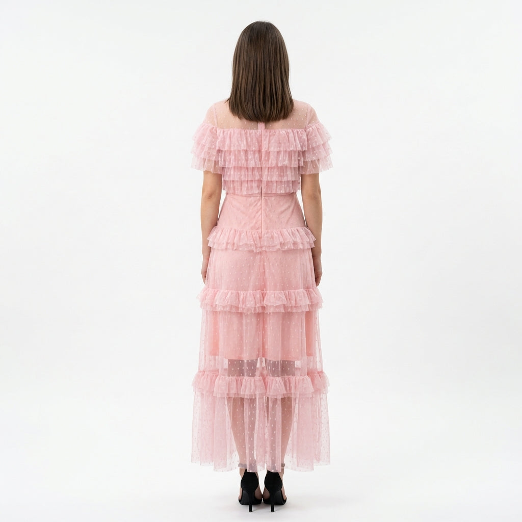 Sukienka Tiulowa z Falbanami – Różowy – Tiul – Damska