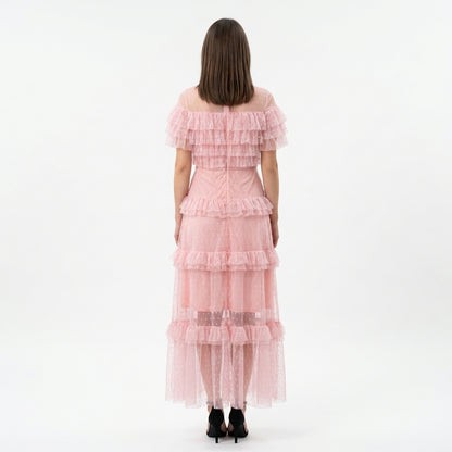 Sukienka Tiulowa z Falbanami – Różowy – Tiul – Damska