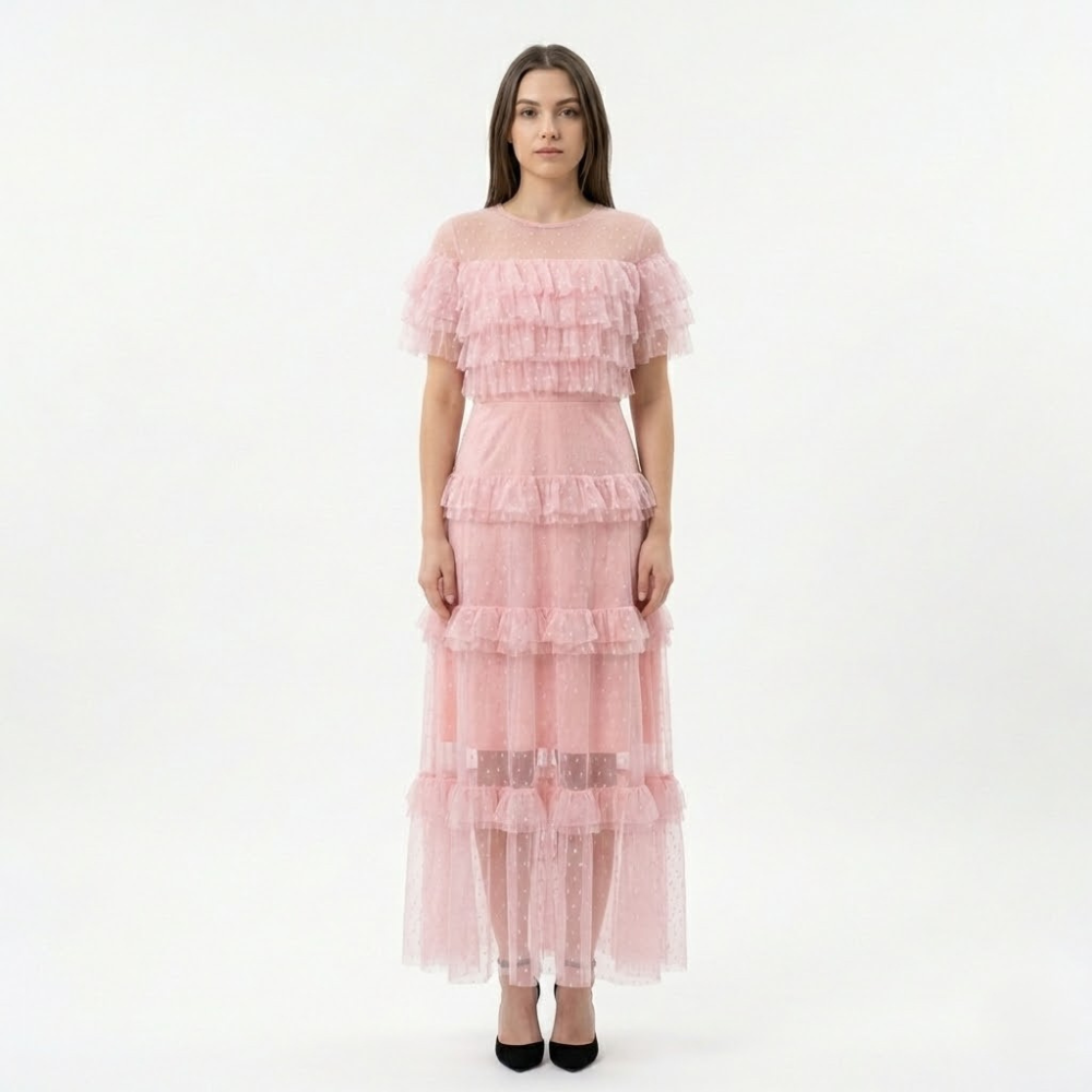 Sukienka Tiulowa z Falbanami – Różowy – Tiul – Damska
